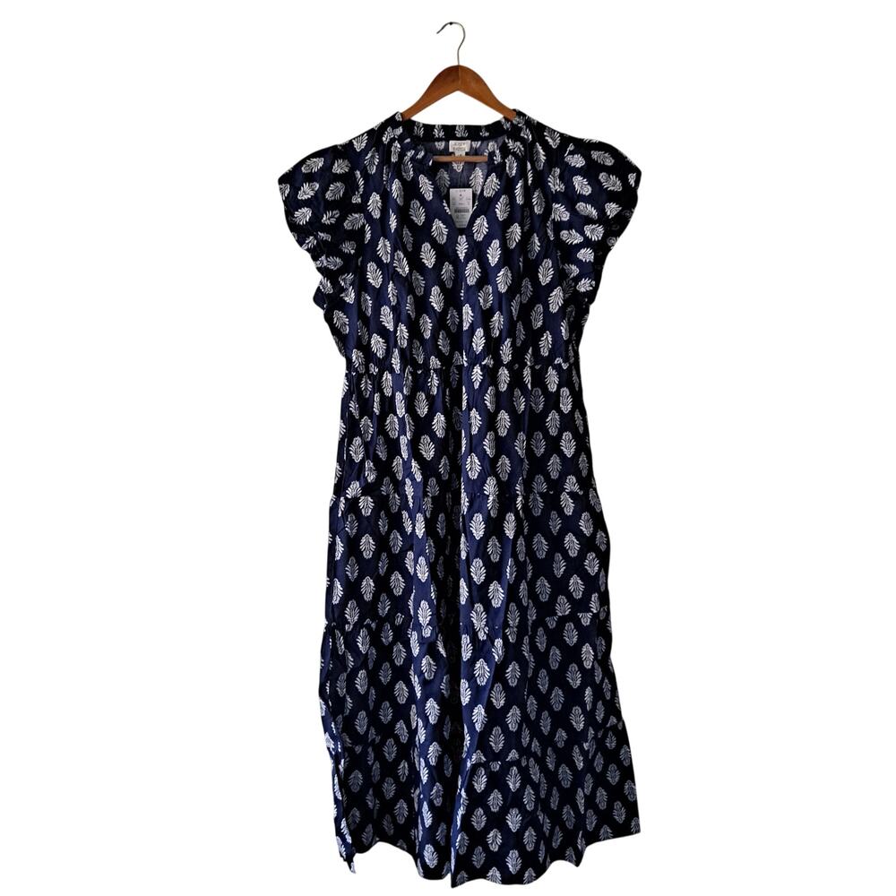 NWT J. Crew Factory Willa Dress Leaf Print Puff Sleeve Tiered Midi Navy Size 18 - Picture 2 of 13